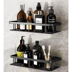 Etag&egrave;re Douche sans Per&ccedil;age en Aluminium A&eacute;ronautique, Rangement Salle de Bains Antirouille, &Eacute;tag&egrave;res salle de bain Auto-adh&eacute;sif, Etagere de Douche sans Percage avec 4 Crochets - Noir - Neuf