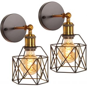 Applique Murale Intérieur Vintage Lampe Murale E27 Avec Bois Luminaire Plafonnier Industrielle Métal Forme Cage Design Pour Cuisine Salon Chambre (C-Noir-2pcs) - Neuf
