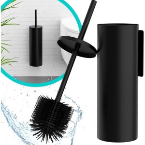 Kit Brosse Wc Suspendu - Brosse Silicone & Boitier M&eacute;tal - Coloris Noir Mat - Sans Per&ccedil;age - Fixation Murale Avec Sticker Ou Vis - Balai Brosse Toilettes D&eacute;coration - Wc3610 - Neuf