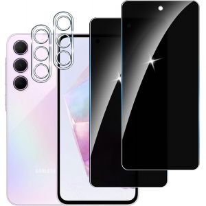 Lot 4 Pièces (2 Écrans + 2 Protections Lentille) Verre Trempé Vie Privée Pour Samsung Galaxy A35 5g - 9h, Anti-Espion/Anti-Rayures, Oléophobe, Haute Sensibilité, Compatible Coque Et Déverrouillage Facial - Neuf