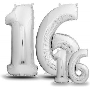 Silver 16Th Birthday Balloon - 101 Cm + 40 Cm Number Balloon - Decoration Kit For Women And Men - Happy Birthday Decoration - Flying With Helium - Neuf
