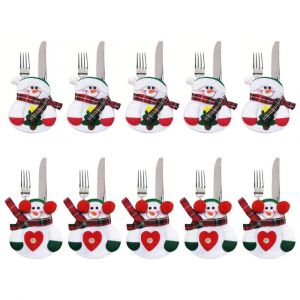 10pcs De No&euml;l De L'argenterie Costume D&icirc;ner Couverts Titulaire De Bonhomme De Neige En Forme De Sacs Couteau Fourche Sac Pour No&euml;l, D&eacute;coration De Table - Neuf