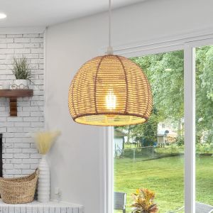 Kal-Suspension Lustre Vintage, E27 Plafonnier En Rotin Tressé Naturel, Blanc Lampe Suspension Métal Pour Chambre, Salle À Manger, Cuisine, Café, Bar, Ø20 - Neuf