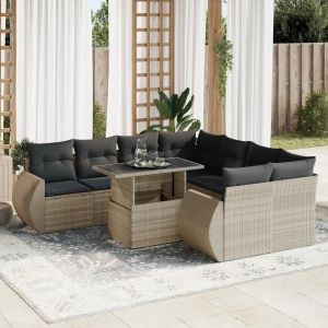 Salon De Jardin 9 Pcs Avec Coussins Gris Clair Résine Tressée - Neuf