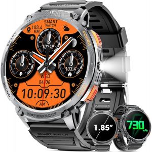 Montre Intelligente Militaire Pour Hommes, Écran Amoled Hd De 1,85"", Batterie De 730 Mah, Montres Intelligentes Avec Lampe De Poche Led Pour Android Ios (Réponse /Numérotation Des Appels)Noir - Neuf