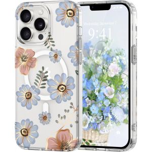 Trahoo-Coque Magn&eacute;tique Florale Pour Iphone 13 Pro Max [Compatible Avec Magsafe], Coque De Transparente Anti-Jaunissement, Joli Motif Floral Anti-Rayures, Protection Tpu Pour Filles Et Femmes-Bleu - Neuf