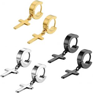 Kal-Acier Inoxydable Clou D'oreille Boucle D'oreille Clou D'oreille Argent Noir Doré Ronde Croix Pendentif Rétro Homme Femme - Neuf
