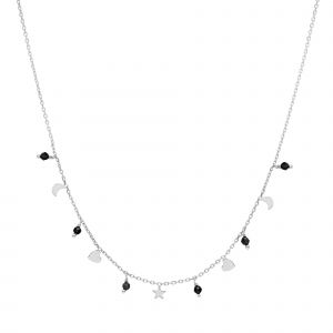 Collier Argent Pampilles De Forme Lune Coeur Et Pierre Spinelle Noir - Neuf