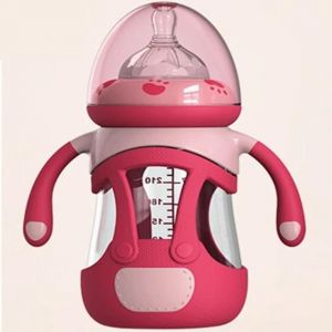 Biberon En Verre Borosilicat&eacute; 240ml Avec Manchon En Silicone-Rouge - Neuf