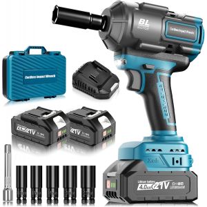 MEVRONISSHOP-1200Nm &iquest;Cle a Choc Sans Fil Brushless Compatible avec Ma-kkita 18V Batteries, 1/2 pouce Boulonneuse a Choc avec 2x4.0Ah Batterie, Cl&eacute; a Choc avec 5 Douilles pour Voiture Maison - Neuf