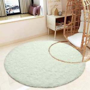 Tapis Rond Salon Tapis Chambre Rond Moderne Design Shaggy Poils Longs Interieur Décor Ultra Doux De Peluche De Pièce De Maison De Pépinière(Blanc¿ 140cm) - Neuf