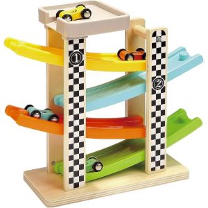 KAJGL-Jouet Rampe De Course En Bois,Jouet Rampe De Voiture En Bois Avec 4 Voitures De Course,Sans Bpa,Piste De Course,Jeu Voiture Pour Enfant 1 Ans 2 Ans - Neuf