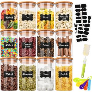 Jexnovashop-Lot De 12 Bocaux En Verre,Bocaux Rangement Cuisine,430ml/750ml Bocal En Verre Avec Couvercle En Bambou,Pot De Rangement En Verre &Agrave; Haute Teneur En Borosilicate - Neuf