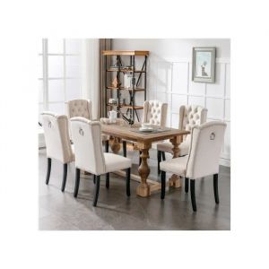 Ensemble de six chaises de salle &agrave; manger en velours avec pieds en ch&ecirc;ne, boutons d&eacute;coratifs et finition beige - Neuf