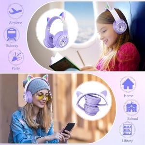 Casque Audio Sans Fil Pour Enfants, Chat Bluetooth Casque Avec Lumi&egrave;res Led Pour Gar&ccedil;ons/Filles/Tout-Petits &Acirc;g&eacute;s De 3 Ans Et Plus, Bluetooth Ecouteur Pliables Pour Enfants Avec Mic Ans Filaire Jack - Neuf