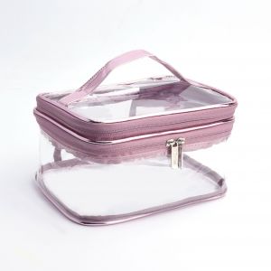 Trousse de toilette de voyage double imperméable, pochette transparente en PVC pour accessoires pour cheveux et ongles, sac de plage (rose) - Neuf