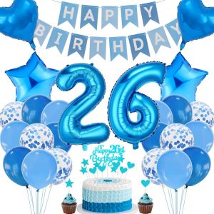 Eryi-Décoration 26e Anniversaire, Décoration Gâteau Bleu Anniversaire 26 Homme, Décoration Fête Bleu, 26 Anniversaire Femme Homme, Décoration Gâteau 26e Anniversaire Homme Femme, Décoration Anniversa - Neuf