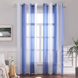Tzf-Rideaux Voilage À Rayures Blancs Et Bleu Ciel, Voilages Intérieurs Avec Oeillets, Beaux Voile Rideau Voilage Fenetre Chambre, Lot De 2 Transparent Rideaux Salon Hauteur 215 Cm - Neuf