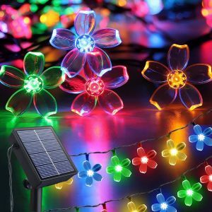 Trahoo-Solaire Guirlande Lumineuse,14m 120leds Fleurs De Cerisier Lumi&egrave;res,8 Modes Imperm&eacute;able Lumi&egrave;res F&eacute;&eacute;riques De No&euml;l Patio,Jardin,Arbre,Balcon,Mariage,Colored - Neuf