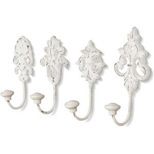 Set de 4 crochets muraux, blanc/gris, crochets &agrave; v&ecirc;tements, pat&egrave;re murale, crochets de garde-robe en fer, style shabby chic, maison de campagne, vintage, nostalgique, ornements baroques antiques - Neuf