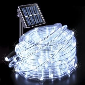 Aiou-Guirlande Lumineuse Solaire D'extérieur À Led Ip65,12 M,100 Led,8 Modes D'éclairage,Guirlande Lumineuse Pour Jardin,Arbre,Fête,Décoration De Noël,Blanc - Neuf