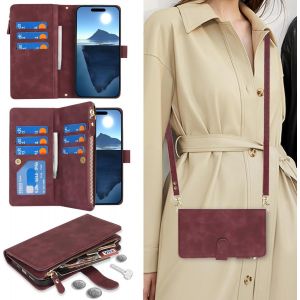 WQS-Coque Compatible avec iPhone 16 Pro Etui avec Cordon,Flip Portefeuille &Eacute;tui Cuir,[9 Porte Cartes][Double Boucle],Protection Housse Etui Compatible avec iPhone 16 Pro - Rouge - Neuf