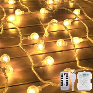JGD-Guirlande lumineuse avec batterie et USB, 12 m, 100 LED, boules de cristal, avec t&eacute;l&eacute;commande, 8 modes clignotants, minuterie, &eacute;tanche, pour mariage, camping, balcon, No&euml;l, caravane - Neuf