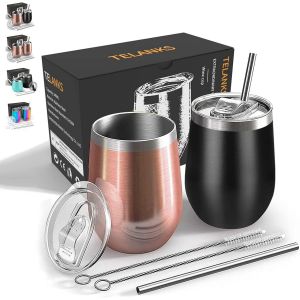 Eryi-Lot De 2 Tasses À Café À Emporter En Acier Inoxydable - 350 Ml - Avec Paille Et Couvercle - Gobelets Isothermes Réutilisables - Pour Café, Thé, Vin Et Cocktails - Noir + Or Rose - Neuf
