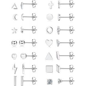 Kalhx-14paires Acier Inoxydable Petite Boucles D'oreilles Pour Femme Hommes Géométrique Cz Bar Lune Étoile Croix Triangle Cartilage Tragus Boucles D'oreilles Fermoir Papillon Boule Dos Plat Bu - Neuf