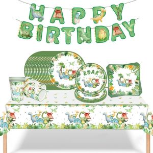 Sjzg-Vaisselle D'anniversaire Dinosaure Pour 16 Invit&eacute;s - Assiettes En Carton - Assiettes En Carton - Tasses - Banni&egrave;re - Nappe Pour F&ecirc;te D'anniversaire D'enfant - D&eacute;coration Pour Gar&ccedil;on Et Fille - Neuf