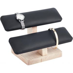 Kal-Présentoir De Montre En Bois, Présentoir De Bracelets À 2 Étages Avec Base En Bois T-Bar Bracelet Bijoux Presentoir Pour Montres Pour Affichage Au Détail À Domicile, Noir, 19.7x12.4x13.2cm - Neuf