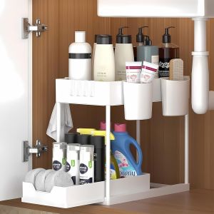 Eryi-Rangement Sous Evier 2 Niveaux, Coulissant Organiseur Sous Évier Etagere Tiroir,Panier De Rangement Multifonction Pour Salle De Bain, Étagère Sous Placard, Étagère De Lave-Vaisselle - Blanc - Neuf
