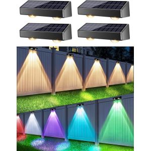 Lampe Solaire Exterieur, Lot De 4 Applique Murale Jardin Led Lumi&egrave;res Solaires D'ext&eacute;rieur 11 Modes &Eacute;tanche Ip65 D&eacute;coration Pour Cl&ocirc;ture Escalier Terrasse, Blanc Chaud+Blanc Froid+Couleur Rvb - Neuf