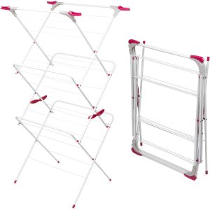 KGABERY-Séchoir À Linge Pliant,3 Niveaux,Étendoir À Linge Pliable Avec 4 Crochets Latérales Idéales Pour Cintres,Espace De Séchage De 15 Mètres,Rose/Gris - Neuf
