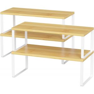 Chenquansarl-Lot De 4 Organ Urs De Placard De Cuisine, Étagères De Rangement En Métal Et Bois, Extensibles Et Empilables Pour Placard, Comptoir, Garde-Manger, Largeur 39,6 Cm, Naturel Et Blanc - Neuf