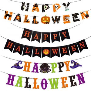 Pack De 3 Happy Halloween Bannière Bunting Avec De La Citrouille Signe Extérieure D'intérieur De Décoration Pour Cheminée Manteau De Cheminée Thème De L'halloween Décorations De Fête Des Fournitures - Neuf