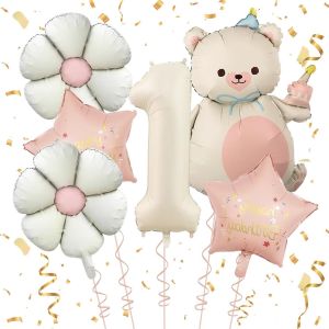 SJZG-6Pi&egrave;ces Brown Bear Balloon Decoration Gar&ccedil;on, Fille,D&eacute;coration D'Anniversaire De La Cr&egrave;me Ours D'Un An,&Eacute;toiles Et Petites Margueritesd&eacute;coration De F&ecirc;te D'Anniversaire,Banni&egrave;re Joyeux Anniversair - Neuf