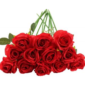 Lot de 12 Roses artificielles en Soie, Fausse Roses Fleur pour Bouquet de Mari&eacute;e, D&eacute;coration de F&ecirc;te &agrave; la Maison, Rouge - Neuf