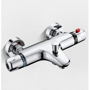 Mitigeur Baignoire Thermostatique Murale Mitigeur Douche Robinet Baignoire Thermostatique Robinet Douche Chrom&eacute;, avec 2 Sorties D'eau, Mitigeur Thermostatique Douche, Laiton, Bouton S&eacute;curis&eacute; &agrave; 38&deg;C - Neuf
