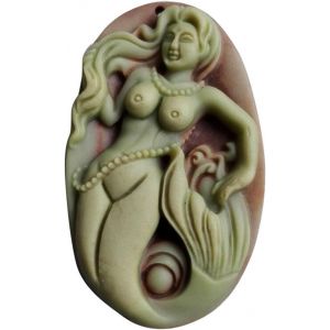 Collier Vintage Avec Pendentif Sir&egrave;ne En Jade Et Pierre Pr&eacute;cieuse Naturelle Violette. - Neuf