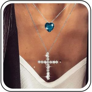 Kal-Collier Croix Boho Zircone Cubique Collier Pendentif Coeur Saphir Collier Ras Du Cou Argenté Chaine Collier Croix Strass Vintage Bijoux Pour Femmes Et Filles - Neuf