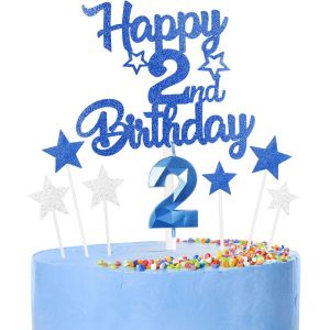 ERSHI-Décoration Bleu Gâteau 2 Ans Anniversaire,9 Pièces Cake Topper 2 Ans,Bougies, Étoiles & C?urs pour Cupcakes Décoration de Gâ[6018] - Neuf