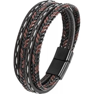 Eryi-Bracelet Homme Cuir, Bracelet Cuir Homme Acier, Cadeau Cadeaux Pour Homme, Bracelets En Cuir Noir Marron Bleu Pour Papa Papy - Neuf
