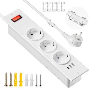 Prise escamotable avec USB, 3 Prises encastrables avec USB C et 2 USB A, Prise de Table avec Interrupteur Principal, multiprise avec 3 USB, câble de 1,5 m, Blanc, avec 5 Serre-câbles pour Cuisine, - Neuf