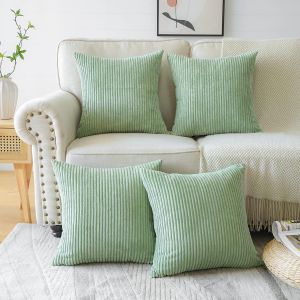 Cauc-Lot De 4 Housse De Coussin 45x45 En Velours C&ocirc;tel&eacute;, Housse Coussins Carr&eacute; Rayures Decoratif Doux Taies D'oreiller D&eacute;coratives Style Boheme Pour Canap&eacute; Lit Chambre Salon (Vert Sauge, 45x45cm) - Neuf