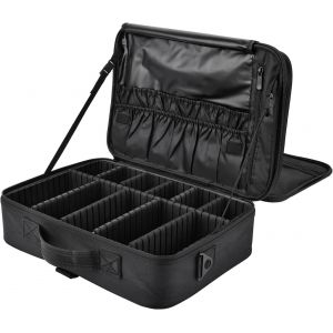 KALANKA-Trousse de Maquillage Grande Sac Maquillage Voyage Trousse Toilette Makeup Bag Oxford Tissu Mallette &agrave; Ongles Rangement Maquillage avec 2 Couche y Bandouli&egrave;re Beaut&eacute; Case Professionel, Noir - Neuf