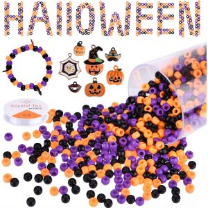 Teppc-1050 Pcs Halloween Pony Beads Avec 7 Pcs Charms Pendentif Décorations 1 Rouleau Élastique String Acrylique Diy Artisanat Perles Avec Boîte De Rangement Halloween Perles Pour Enfants - Neuf