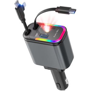 Allume-Cigare USB, Chargeur de Voiture avec projecteur Ciel &eacute;toil&eacute;, Chargeur de Voiture 120 W, 30 W int&eacute;gr&eacute;, Extensible Type-C et USB-C (65 cm), Adaptateur USB 12 V pour iPhone/Android - Neuf