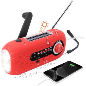 Radio solaire portable (rouge), radio &agrave; dynamo, radio solaire avec alarme SOS pour les urgences, petite radio, radio &eacute;tanche IPX3, radio AM/FM &agrave; manivelle, lampe torche, batterie 2000 mAh - Neuf