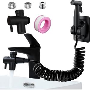 ERYI-Douchette Wc Kit Complet Noir Avec Tuyau Flexible 3M Et Support, Pulvérisateur De Bidet À Main Pour Toilette Avec M22-24 G1/2 Adaptateurs, Bidet Hygiénique Avec Robinet 3 Voies(Noir Tuyau) - Neuf